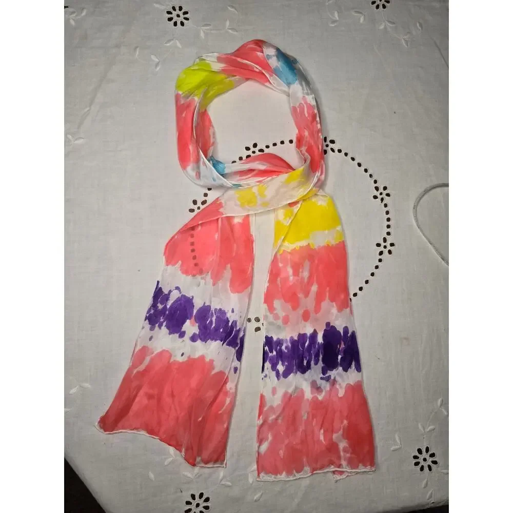 Coral Pink Watercolor 100% Silk Scarf Purple Yellow Artsy Boho Resort 52x8